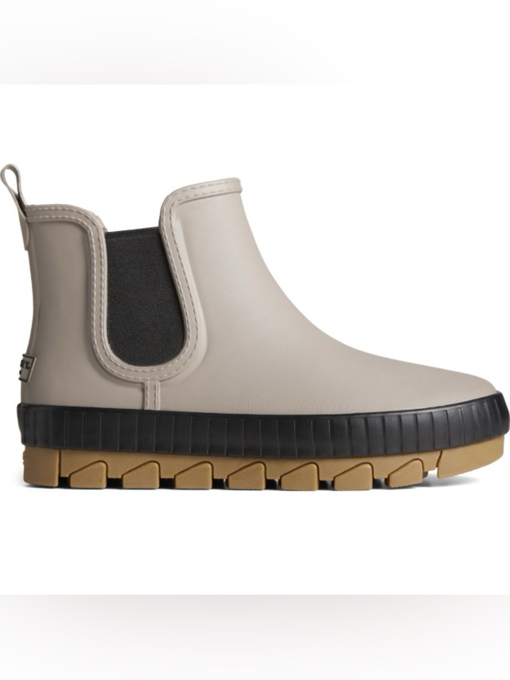 Sperry Taupe Chelsea Rain Boot with Black Trim and Tan Sole